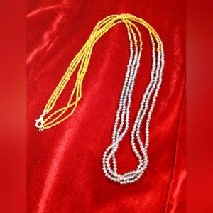 Handmade multi-strand green seed bead and aqua blue glass bead necklace